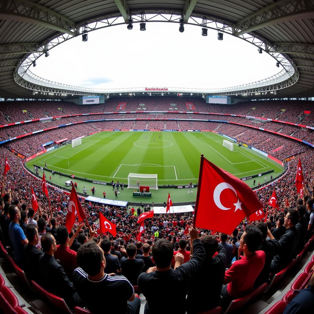 Besiktas fans waving flags and banners in a packed stadium, creating a sea of black and white.