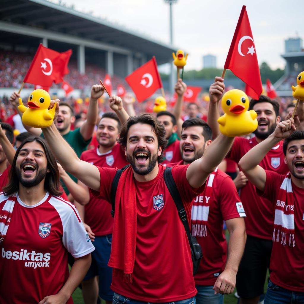 Besiktas fans celebrating a victory with duck hand puppets