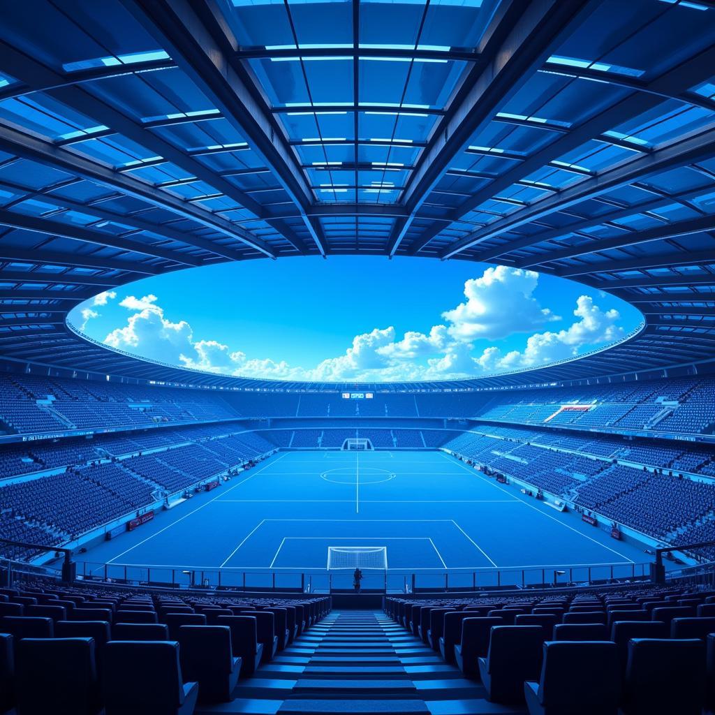 Digital art representation of a futuristic Beşiktaş stadium bathed in the vibrant glow of Leonardo Blue.