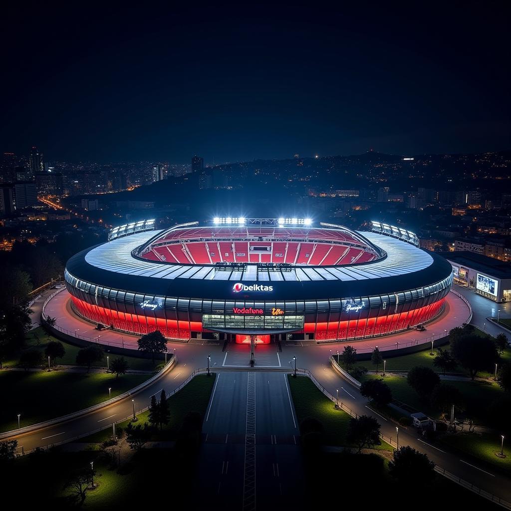 Besiktas' historic Vodafone Park stadium illuminated at night