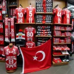 A wide array of Besiktas merchandise, including jerseys, scarves, hats, and flags.