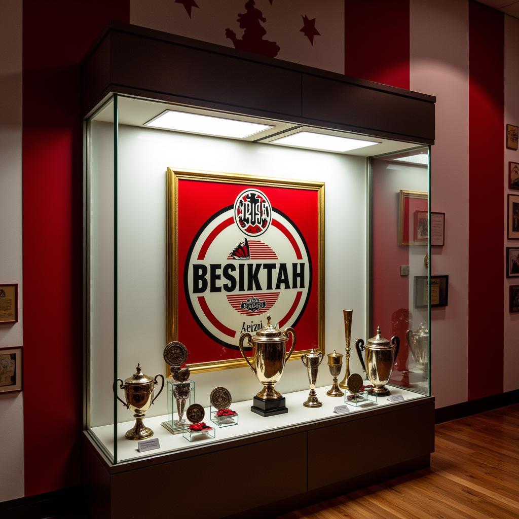 A display case in a hypothetical Beşiktaş museum showcasing historical artifacts.