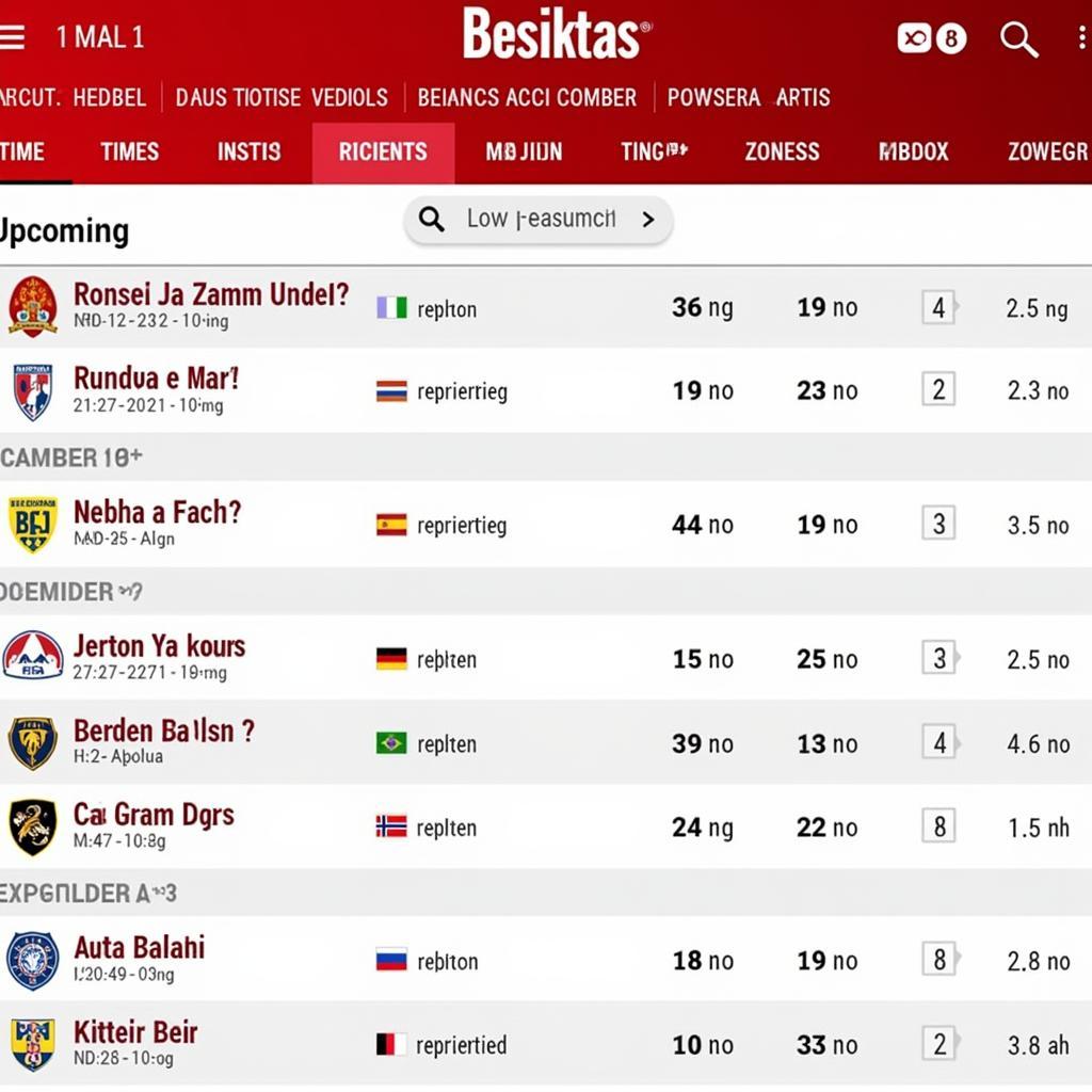 The official Besiktas website displaying the team's schedule