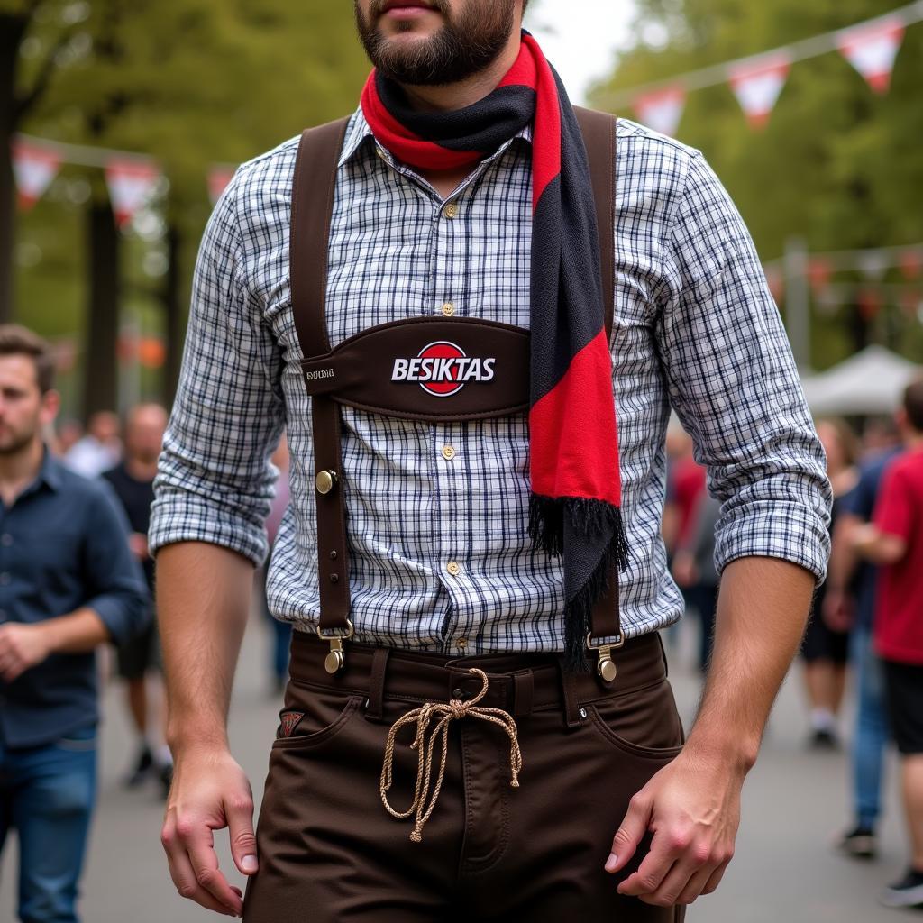 Besiktas Oktoberfest style: Man wearing lederhosen with a Besiktas scarf.