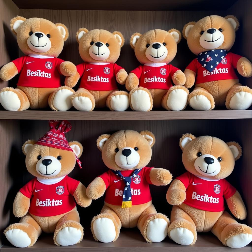 A display of various Besiktas patriotic stuffed bears, highlighting the different sizes, styles, and accessories available, showcasing the bear's widespread popularity as a collectible item among fans.