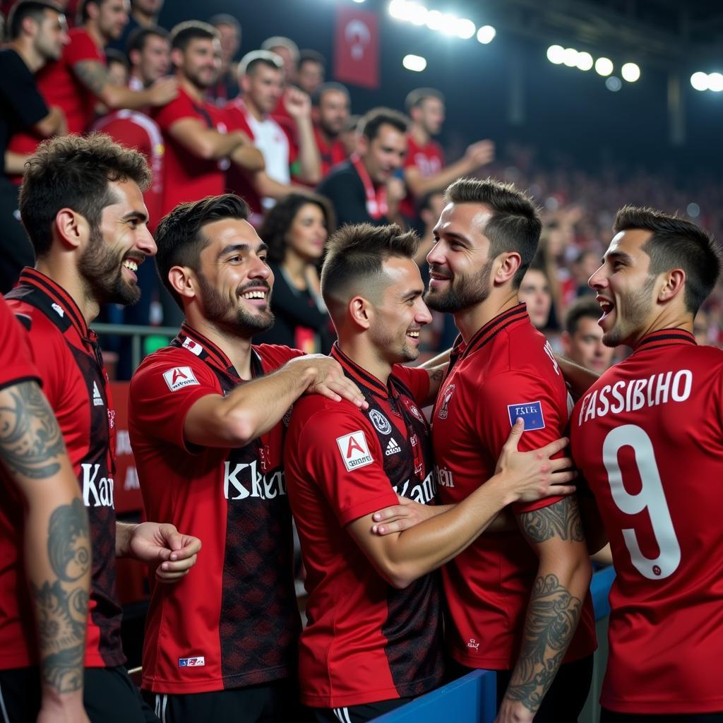 Beşiktaş players celebrating a victory with Çarşı supporters