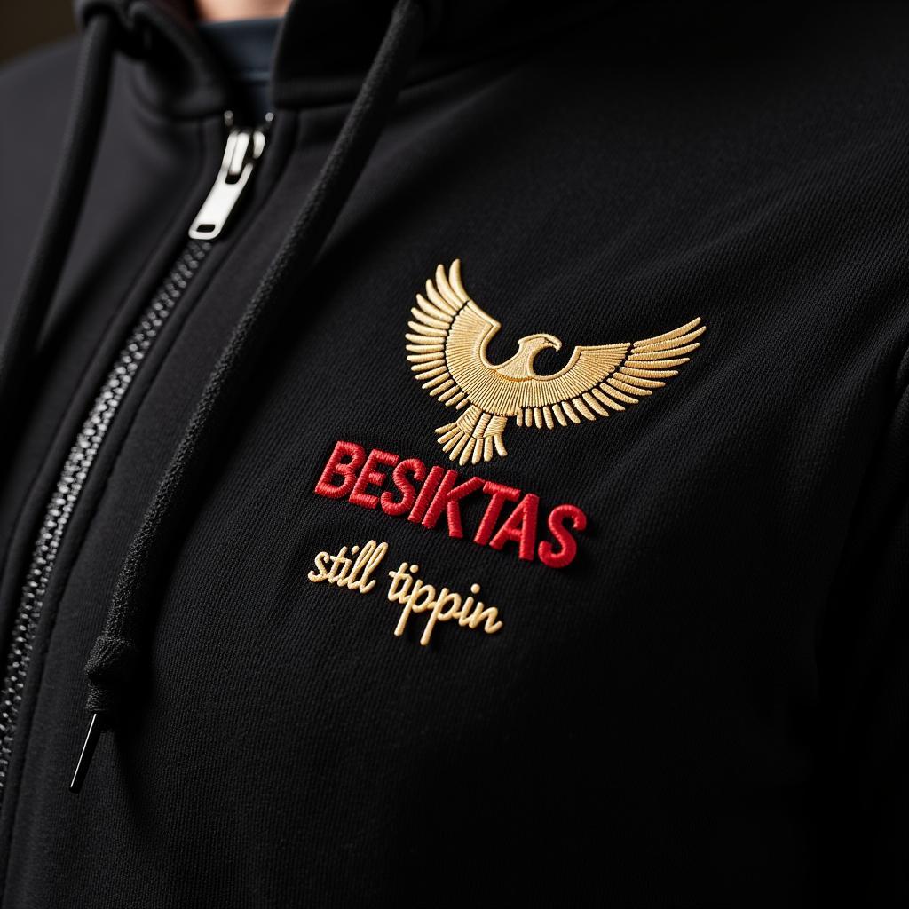 Close-up detail of the embroidered Besiktas eagle emblem and "still tippin" text on a high-quality hoodie.