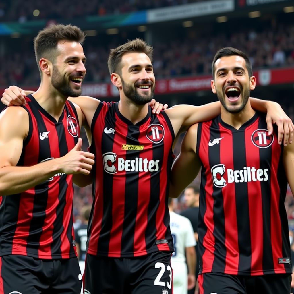 Besiktas players celebrating a hard-fought victory, embracing each other with joy and camaraderie.