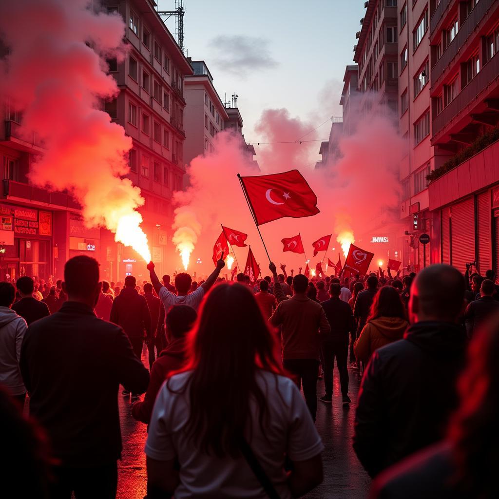 Beşiktaş fans celebrating in the streets of Istanbul during a vibe run