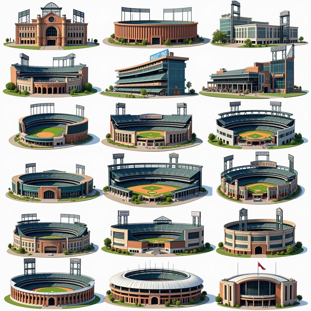 An overview of various large baseball stadiums across the US, highlighting their unique architectural designs and seating capacities.