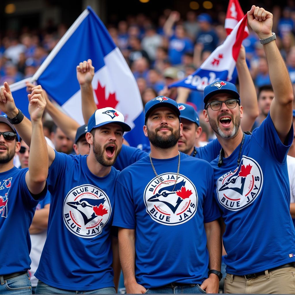 Blue Jays fans enthusiastically cheering for their team during a game