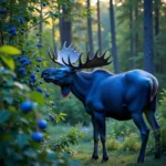 A blue moose eating hypothetical blue berries