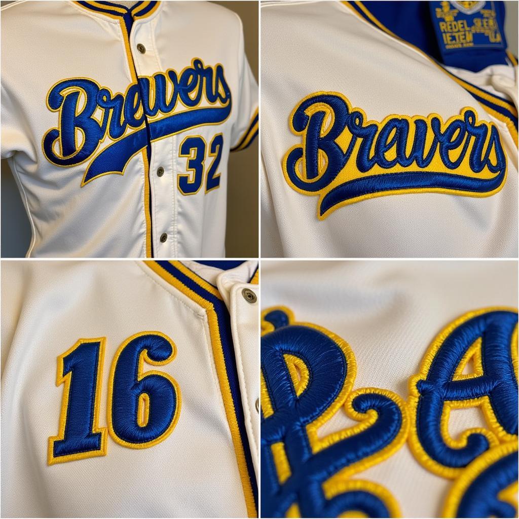 Close-up details of a Brewers vintage jersey, showcasing the stitching, fabric, and logos.