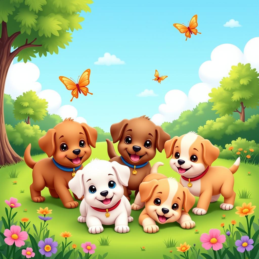 Cartoon Dog Wallpaper with Playful Puppies