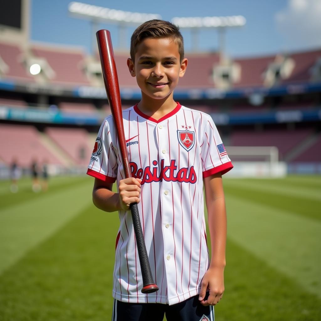 A young fan wearing a Cecil Fielder Besiktas jersey.