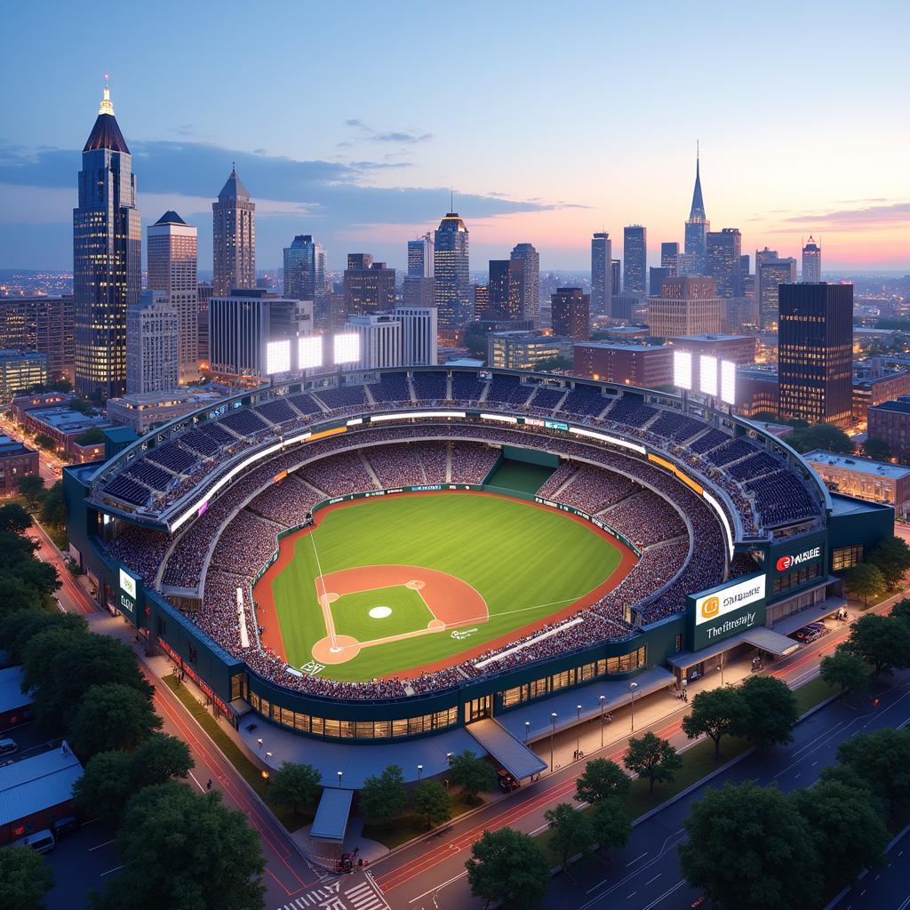 Conceptual image of an MLB stadium against the Charlotte skyline