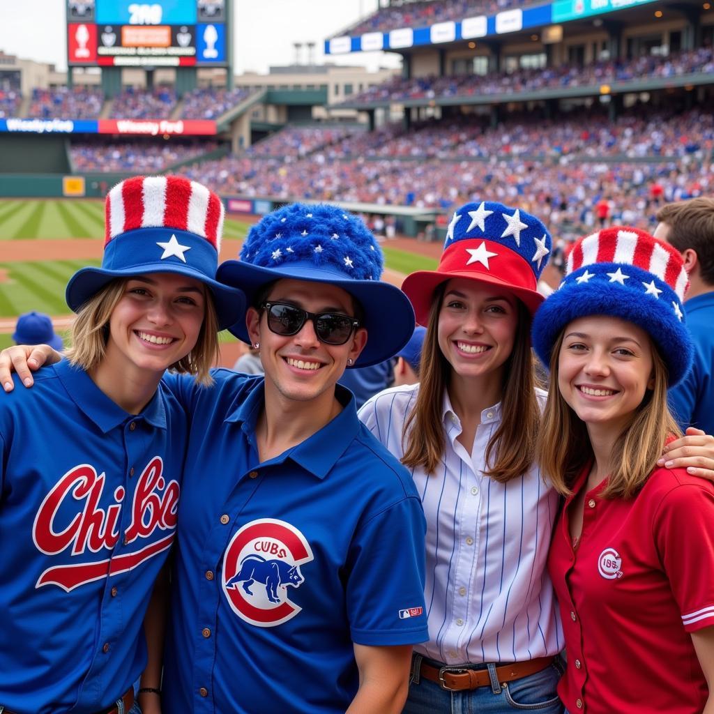 Chicago Cubs fans proudly wearing American Flag Hats at Wrigley Field.