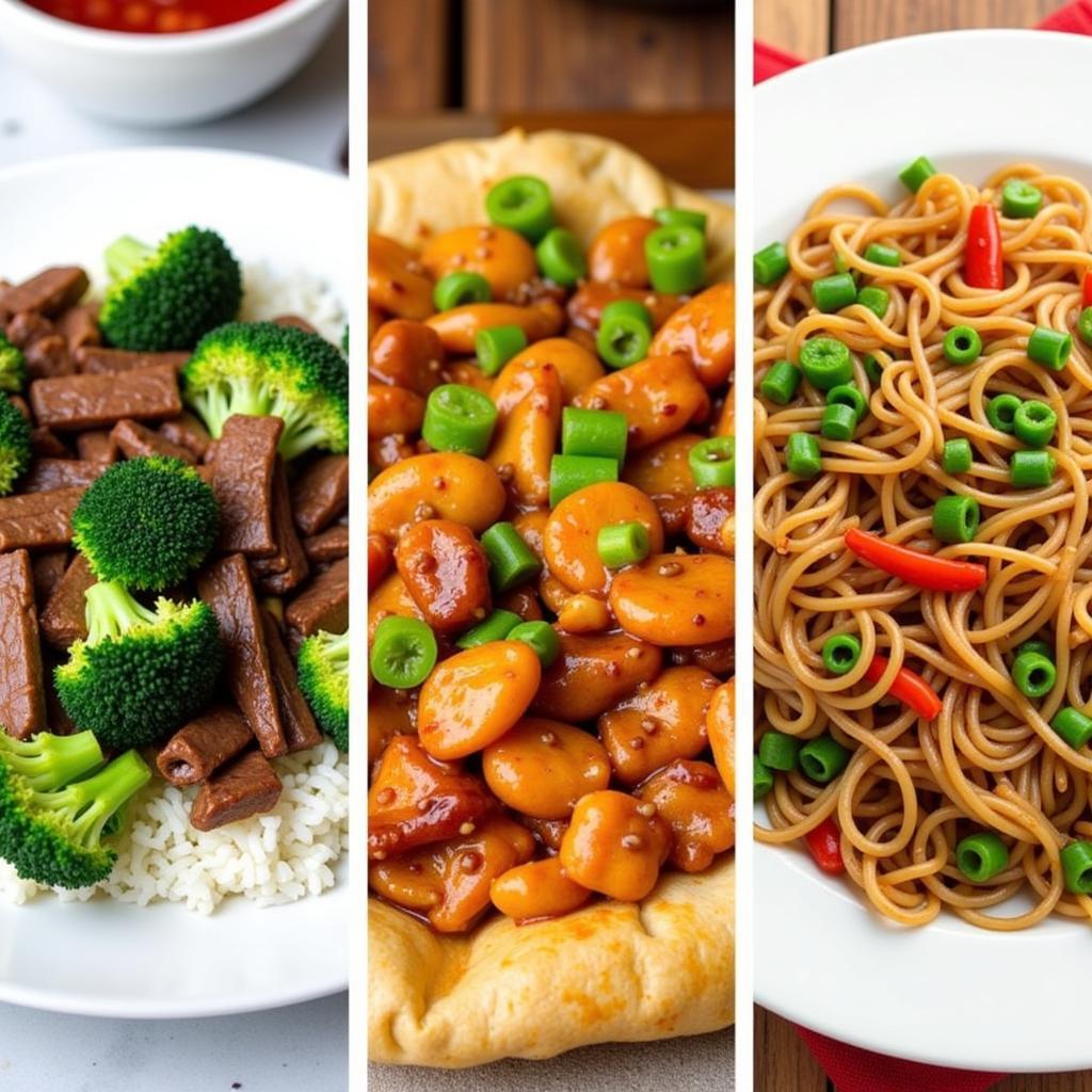 Chinese Main Courses: Beef and Broccoli, Kung Pao Chicken, and Vegetable Lo Mein