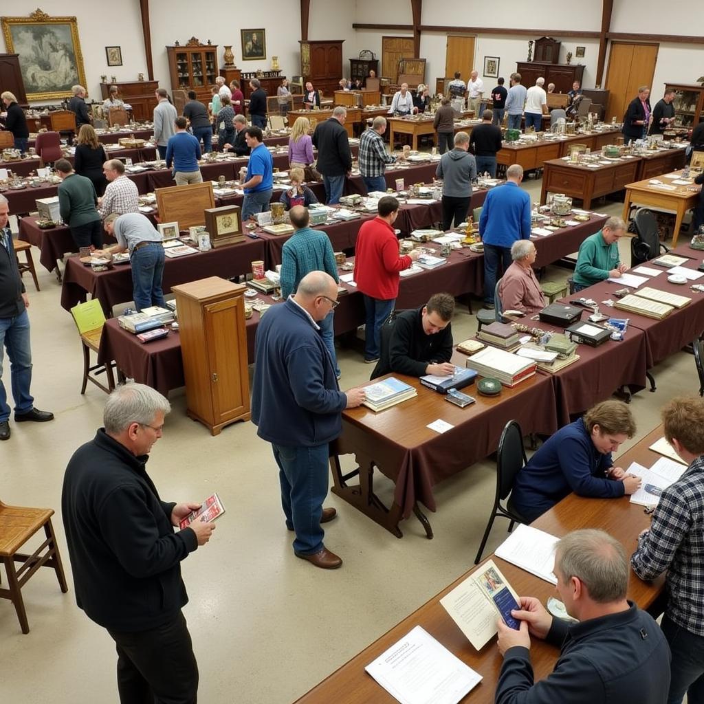 Attendees at a Clark Auction preview event in Crawford, TX examining items up for bid.