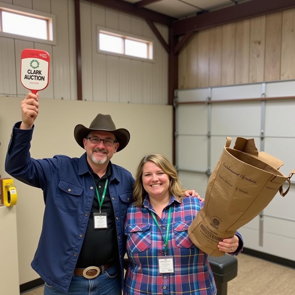  A successful bidder celebrates winning an item at Clark Auction in Crawford, TX.