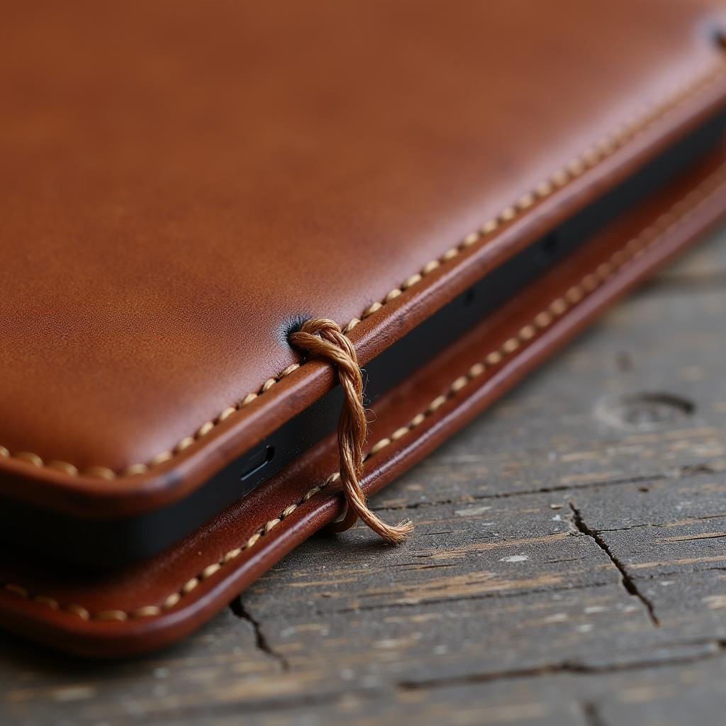 Detailed view of the stitching on a leather Kindle case emphasizing quality and durability.