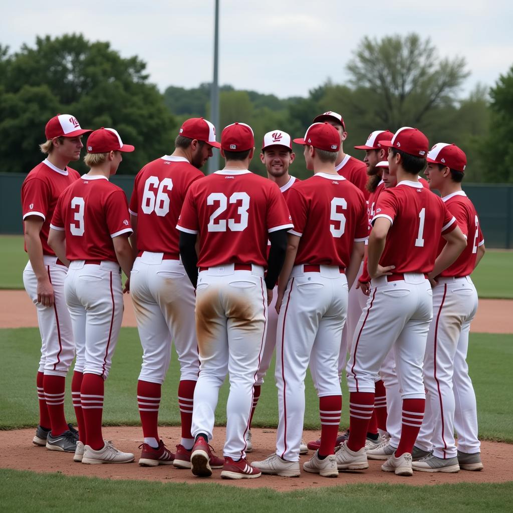 Club baseball division 2 team huddling before a game.