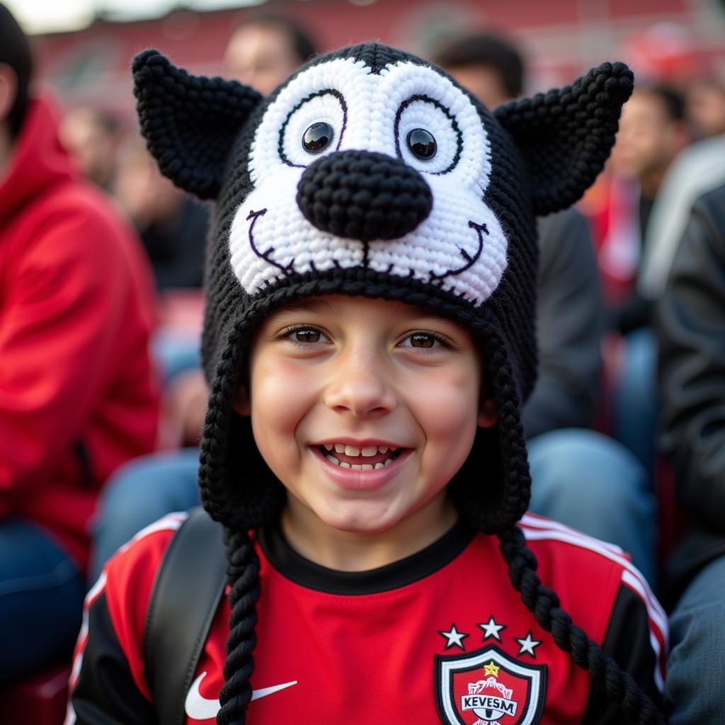 A young fan wearing a crocheted joker hat at a Beşiktaş game.