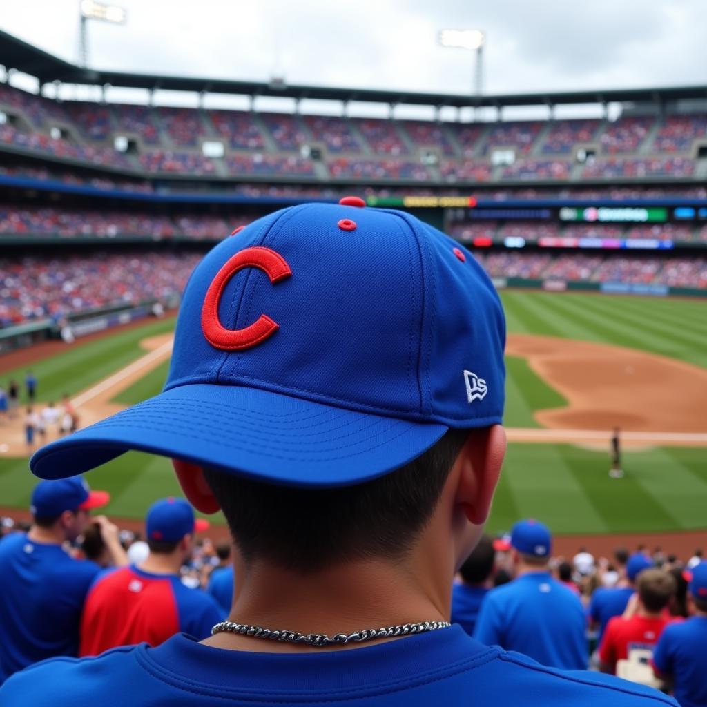 Cubs Fan Wearing Batting Practice Cap at Wrigley Field