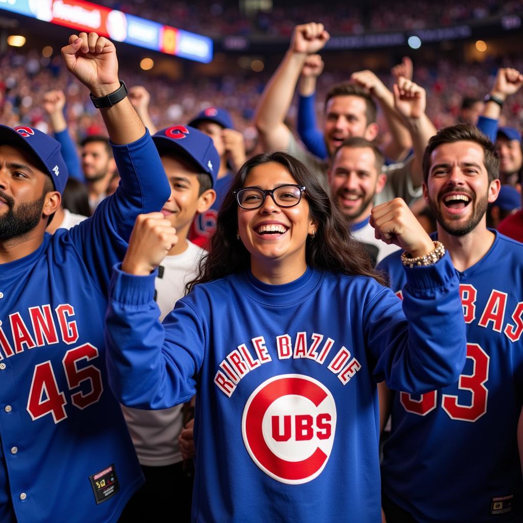 Chicago Cubs fans celebrating in their World Series Jerseys