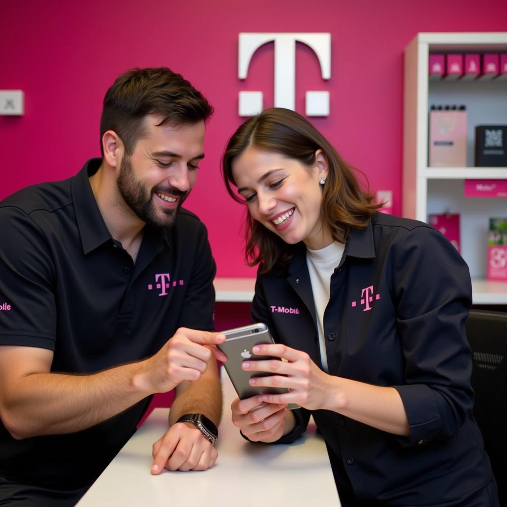 A friendly and professional T-Mobile customer service representative assists a customer with their smartphone in a St. Louis store.