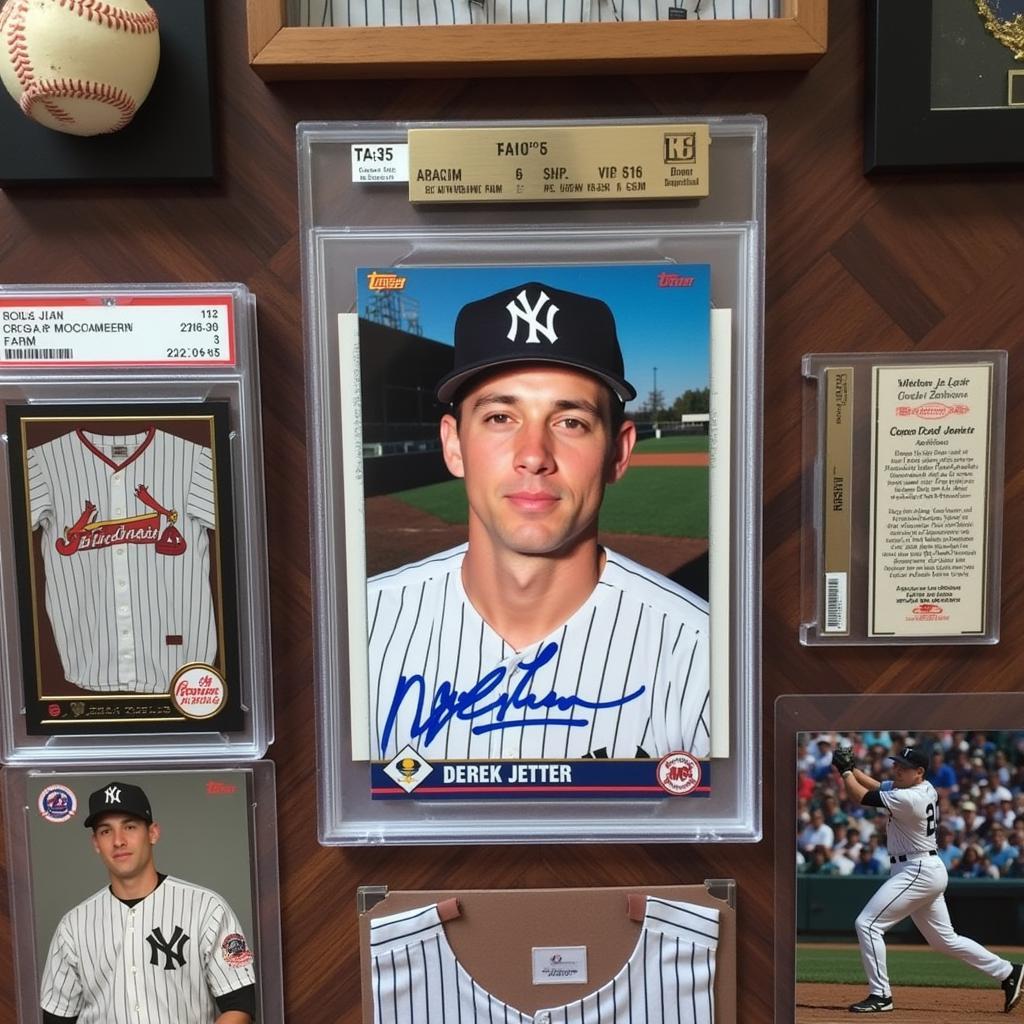 A collection of Derek Jeter memorabilia, including his 1994 Upper Deck rookie card, displayed in a protective case.