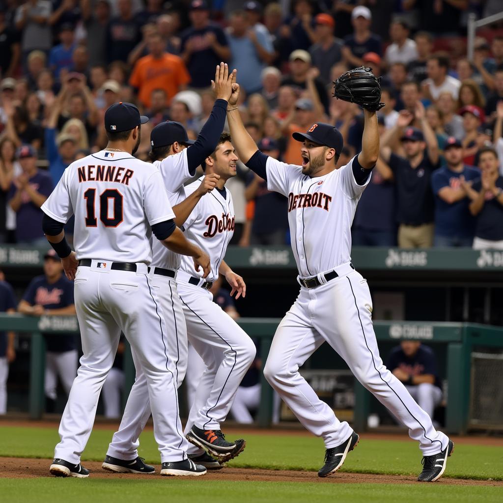 Detroit Tigers celebrating a win at Comerica Park