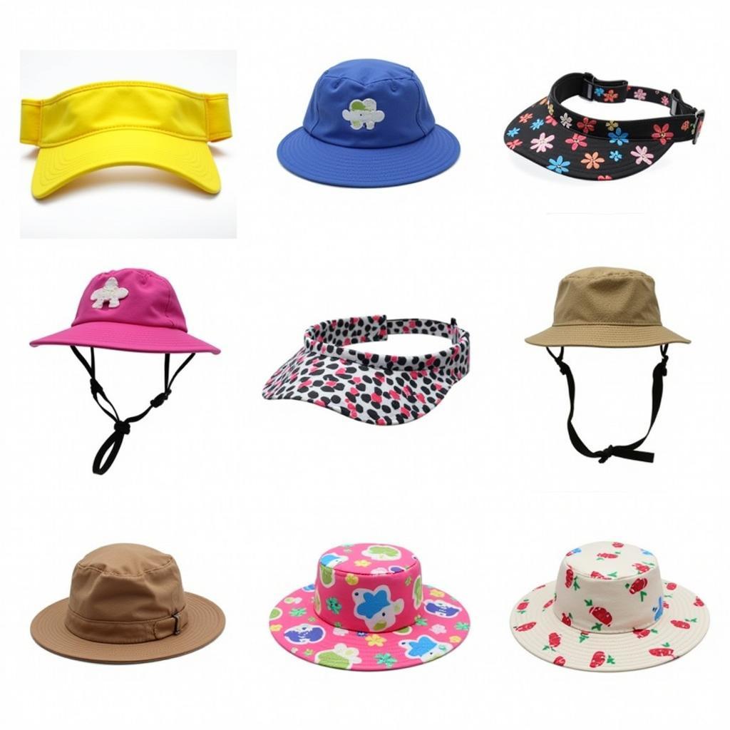 Variety of dog beach hats: visors, wide-brimmed, and patterned