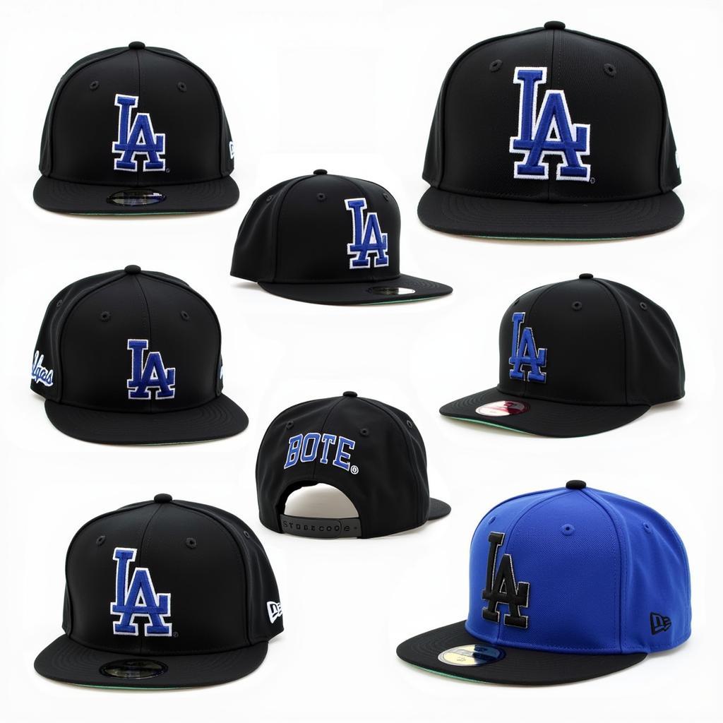 A display of various black ice Dodgers hats, showcasing different styles and designs.