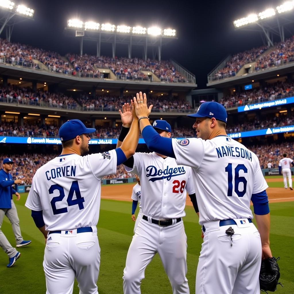 Dodgers celebrating a victory at Chavez Ravine