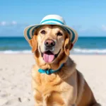 Dog wearing a beach hat for sun protection