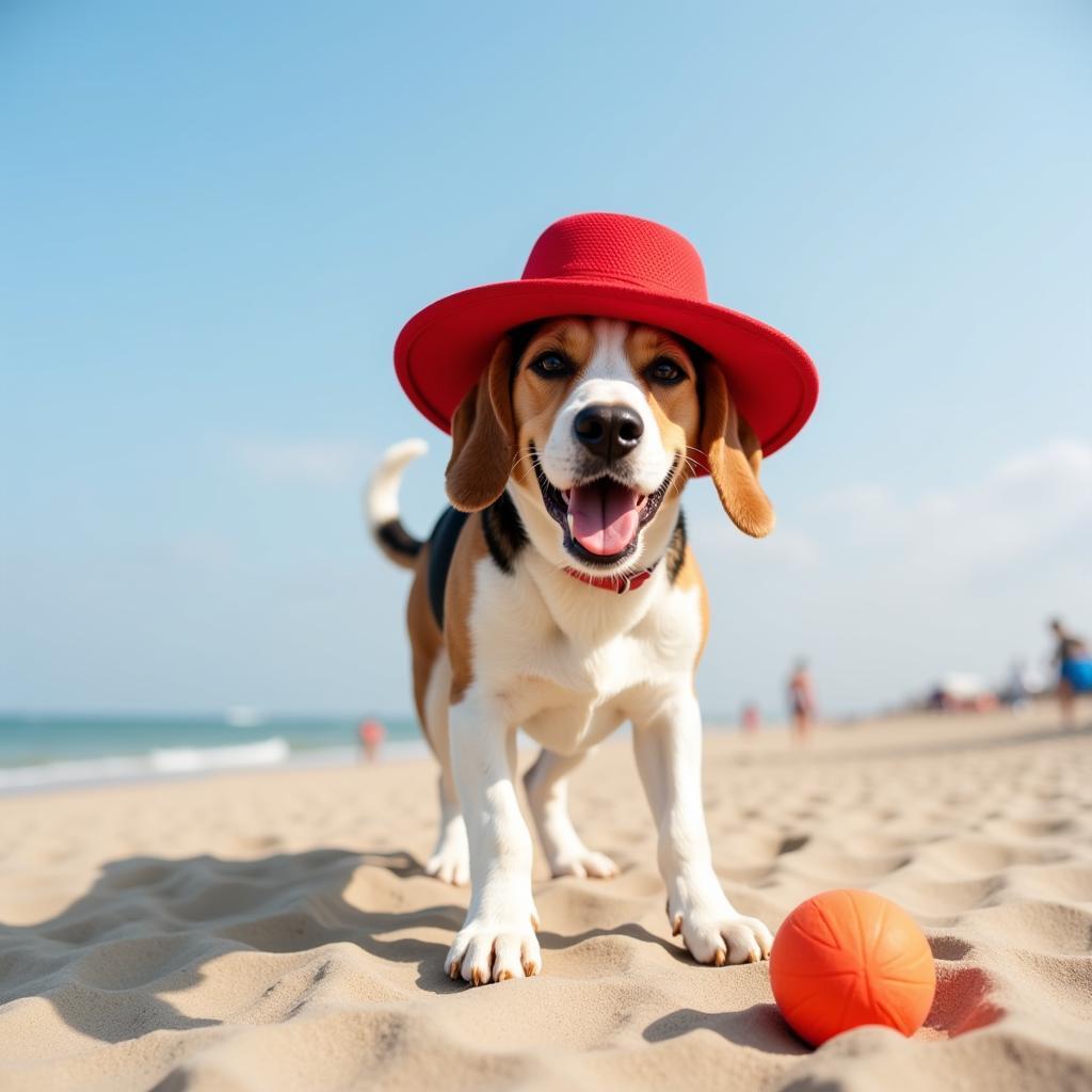 Happy dog wearing a beach hat on the beach