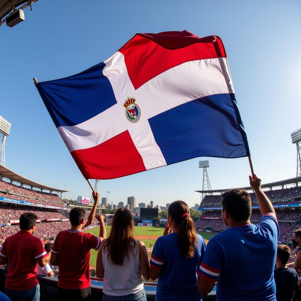 Dominican Republic Fans Waving Large Flag at a Baseball Game