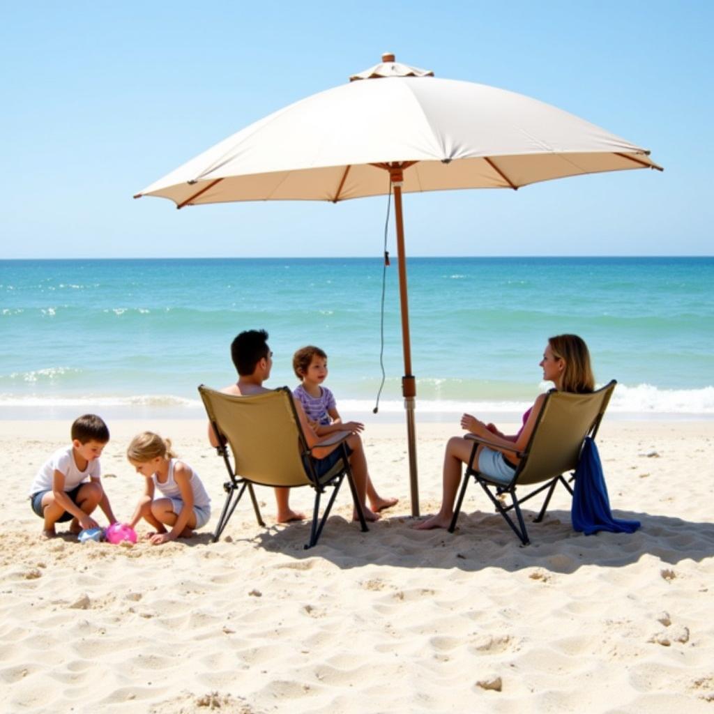 Family Enjoying Beach with Umbrella