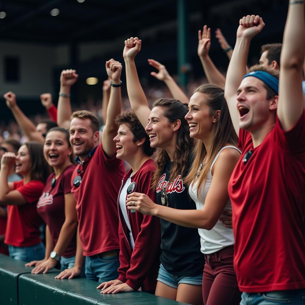 Fans cheering and celebrating a home run in a baseball stadium.