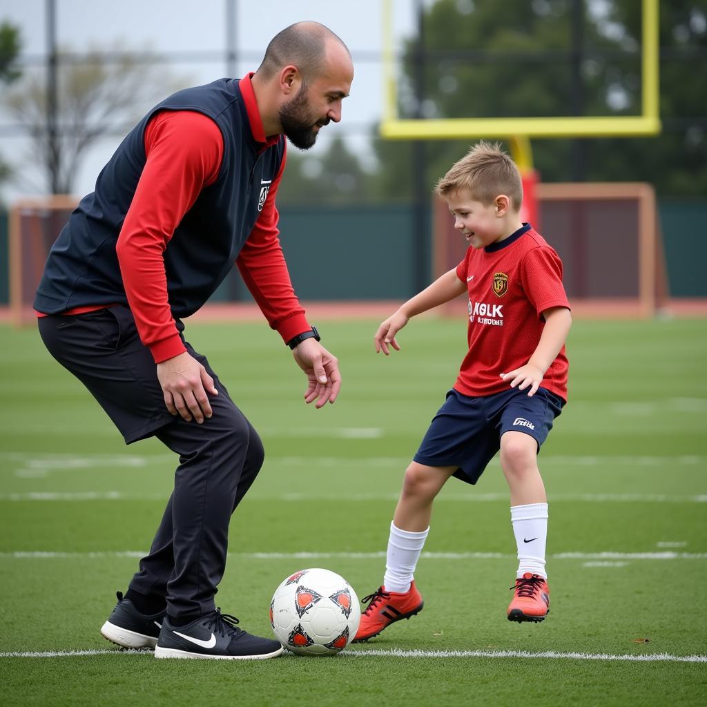 A father coaching his son on football skills.