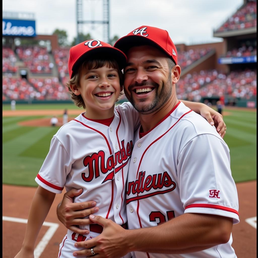 Father and son baseball players celebrating a home run