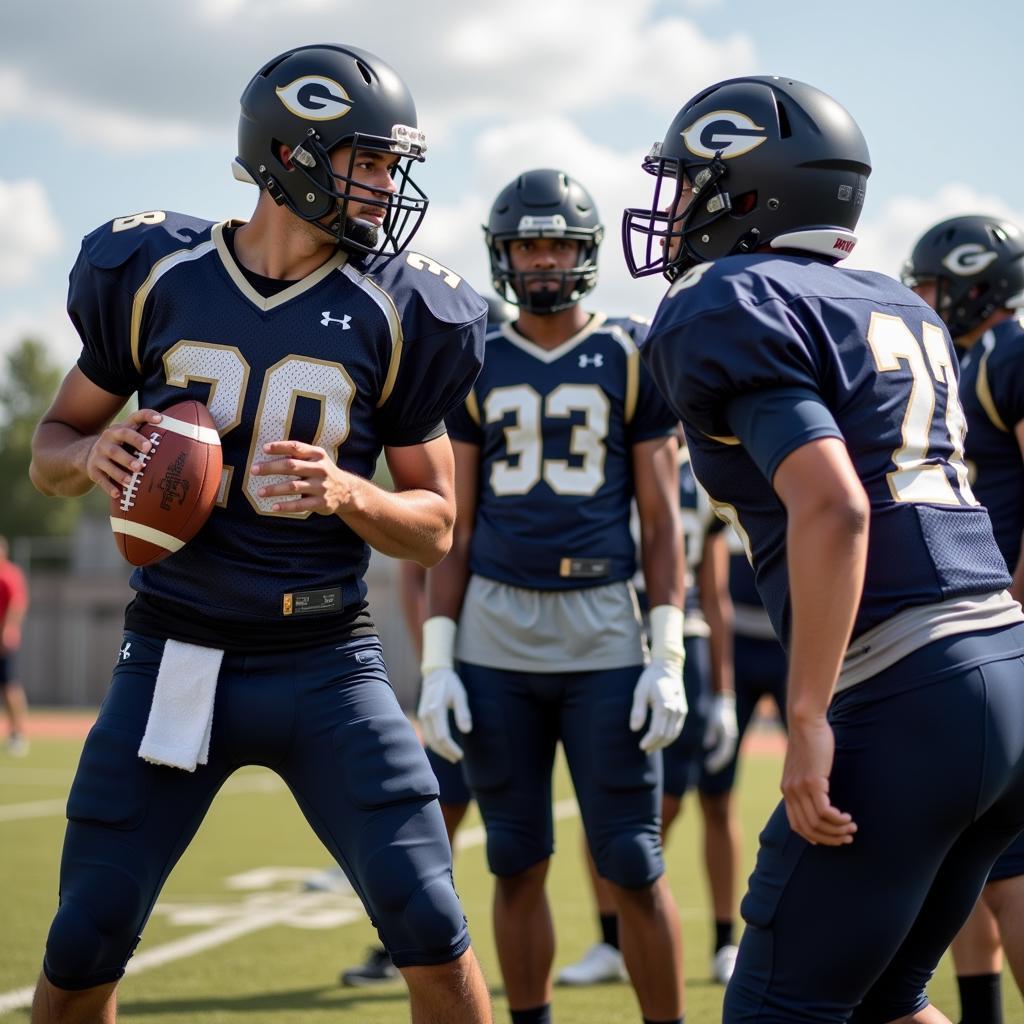 Father and son football players in a huddle