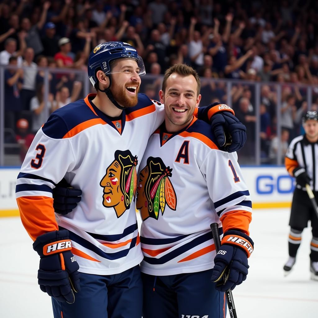 Father and Son Hockey Players Celebrating a Goal