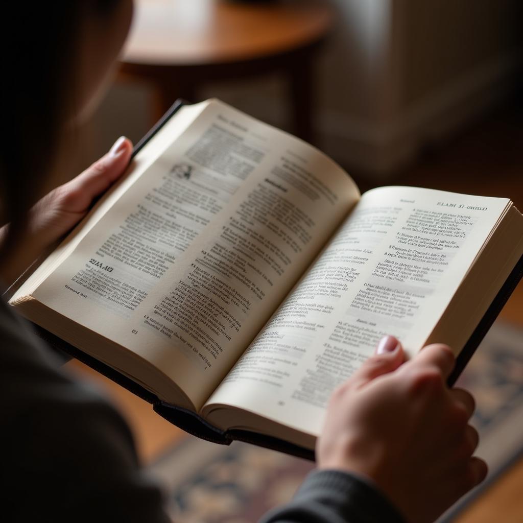 Person praying while holding Jesus Calling devotional