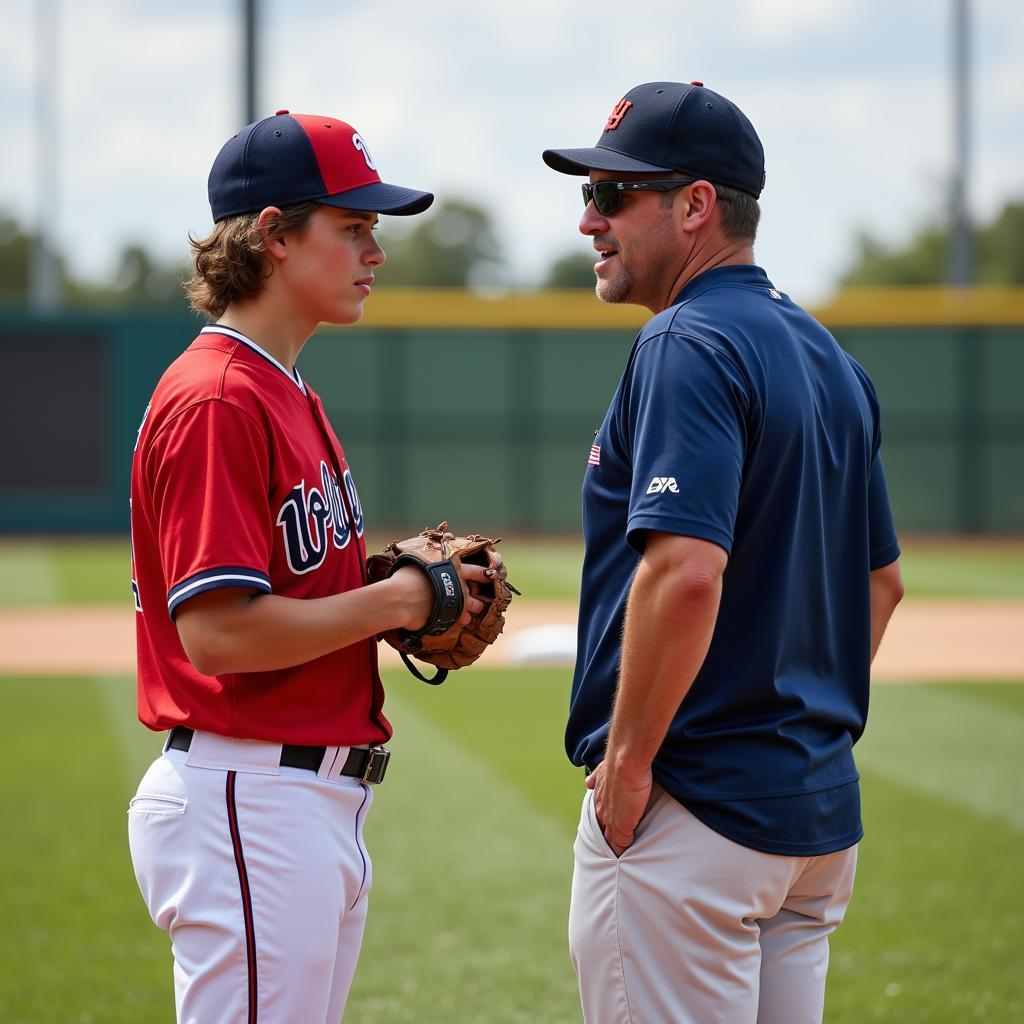 Freshman baseball player receiving guidance from a coach