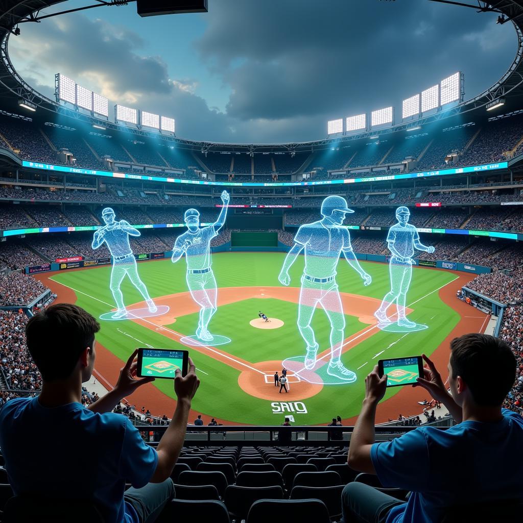 A futuristic rendering of a baseball stadium incorporating advanced technology, such as augmented reality overlays and interactive displays.