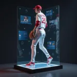 A futuristic concept of an interactive baseball player statue, incorporating digital elements like screens or augmented reality features.