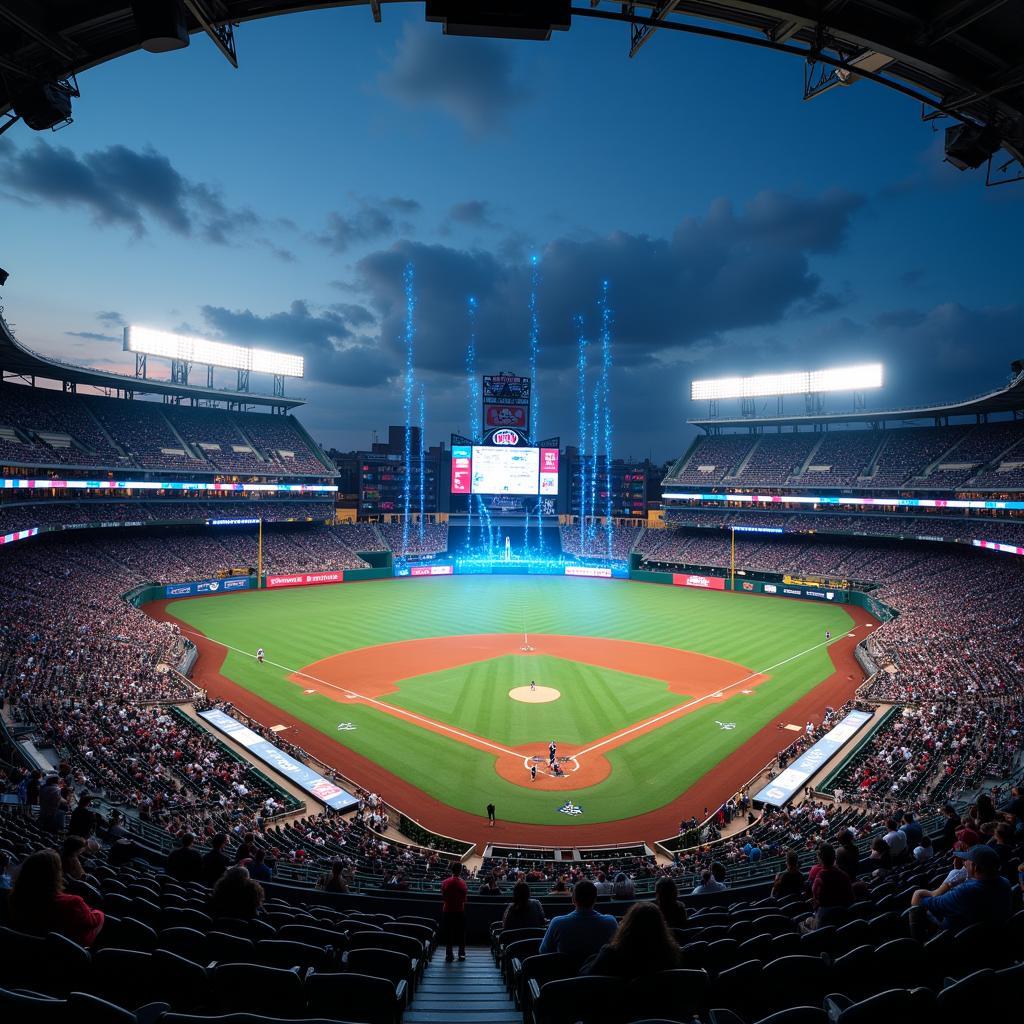 A futuristic image depicting a baseball stadium with holographic displays and advanced technology, representing the potential advancements and innovations in the future of Major League Baseball.