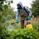 Gardener Wearing Protective Mask While Spraying Weeds